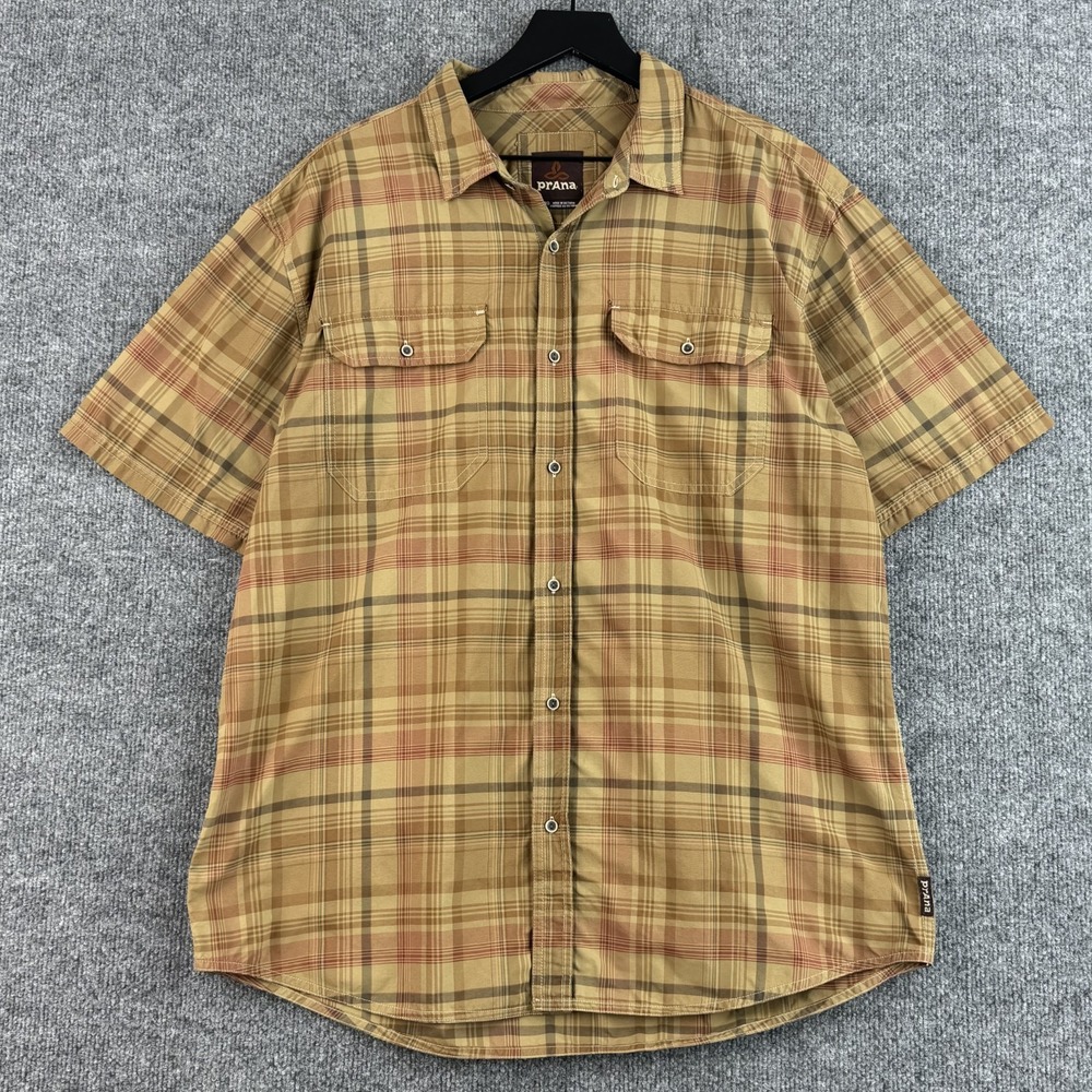 prAna Shirt Mens XL Brown Plaid Short Sleeve Button Up Outdoor Hiking